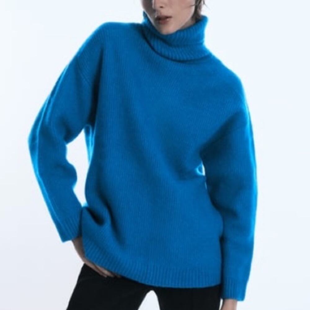 Zara Blue Soft Ribbed Knit Wool Blend Turtleneck Oversized Sweater Size S - Picture 2 of 7